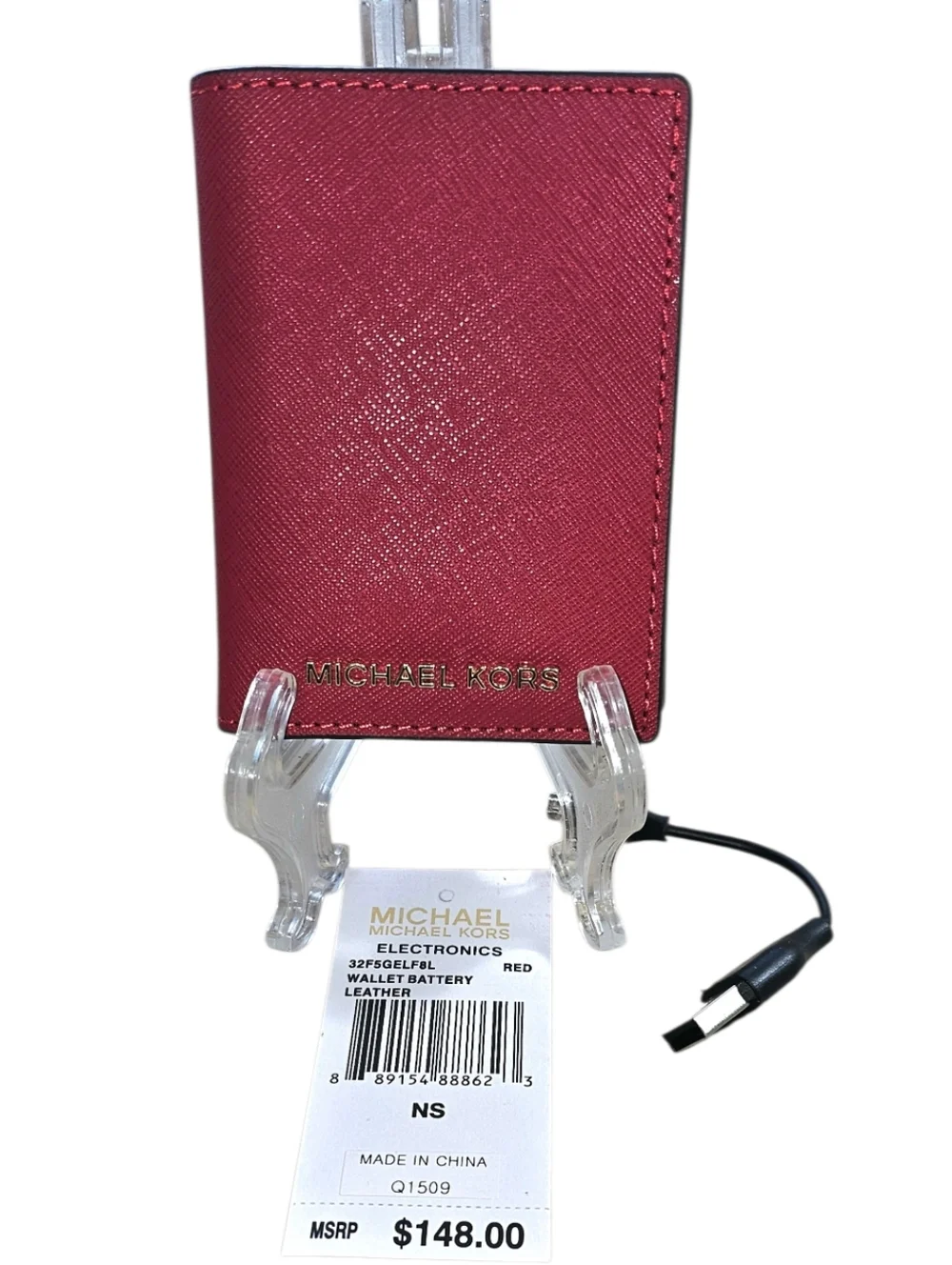 NWT Michael Kors Red Saffiano Leather Power Bank Wallet Tech Charger $148